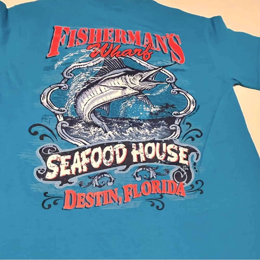 Fisherman’s Wharf Seafood House Destin FL Mens SZ Small Blue Short Sleeve Shirt
